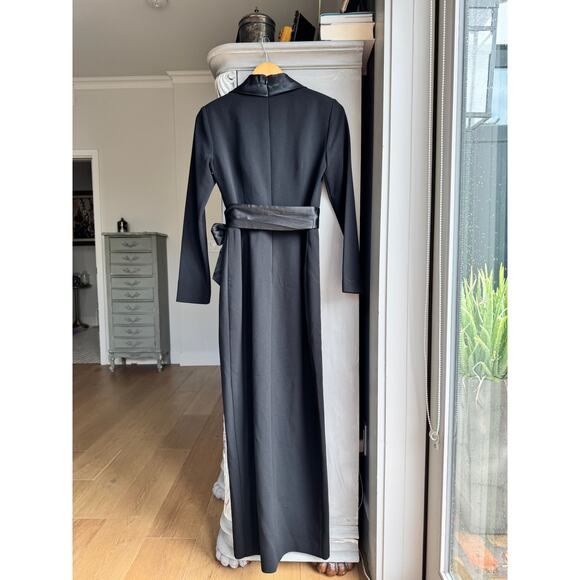 Eliza J Dress Sz 6 Black Satin Trim Wrap Evening Gown Long Sleeve Formal NWOT - Picture 6 of 16